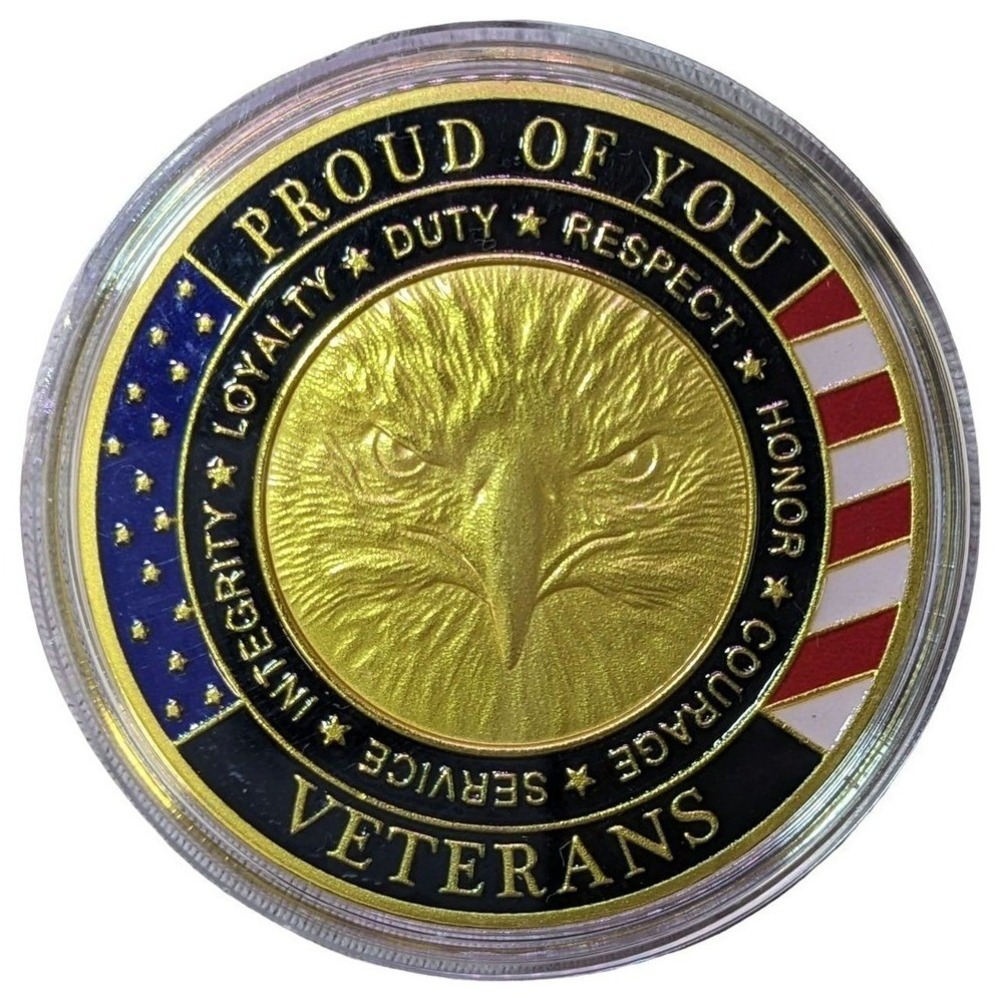 Veterans Challenge Coin Gold Tone Eagle Enamel Double Sided Medal - Picture 2 of 4